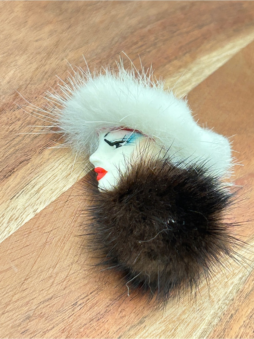 Vintage Fur Pom Face Brooch with Red and White Hat and Dark Brown Fur